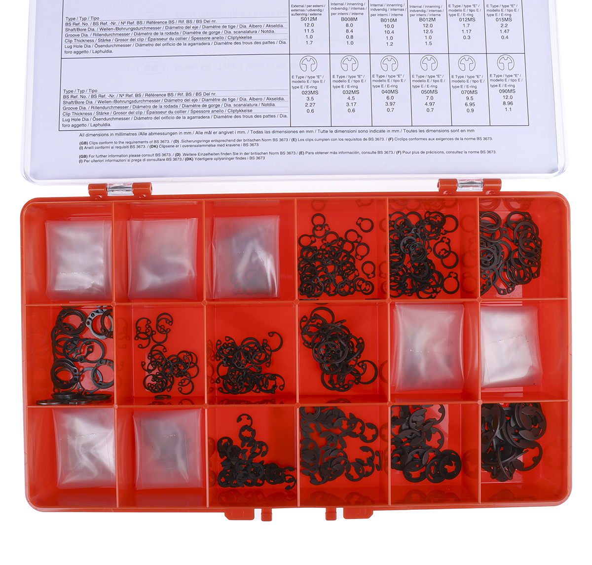 890 piece E Type, External, Internal Steel Circlip Kit for 1.7 → 12 mm, 3 → 12 mm, 8 → 12 mm Shaft