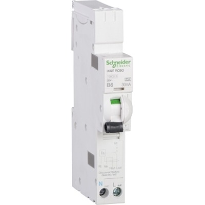 Schneider Electric RCBO, 6A Current Rating, 1P+N Poles, 30mA Trip Sensitivity, Type B, Acti9 Range