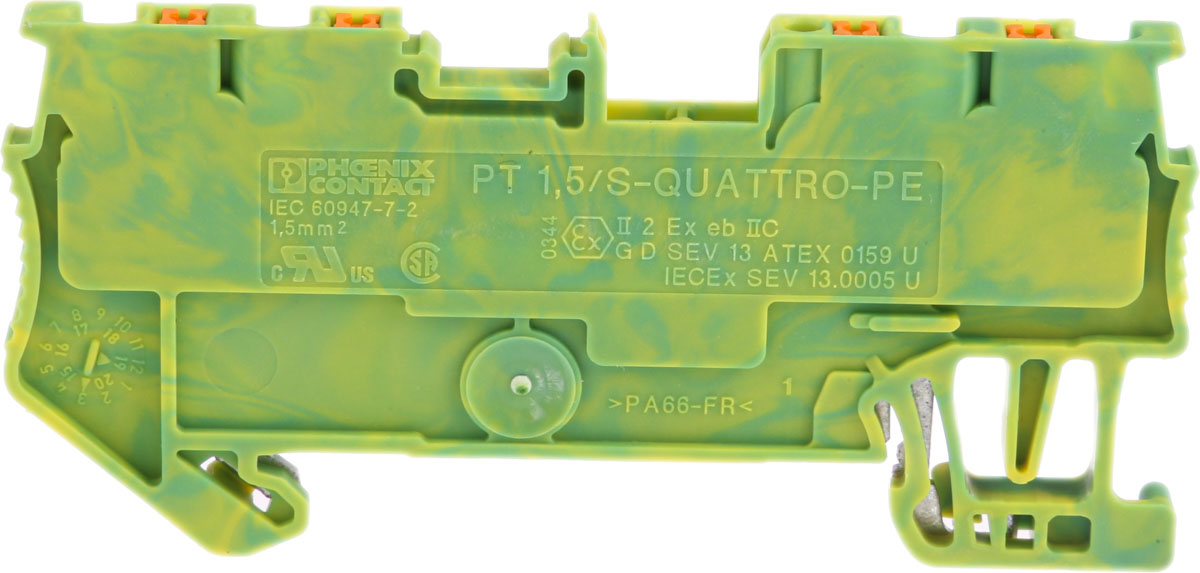 Phoenix Contact 3208333 PT 1.5/S-QUATTRO-PE Series Green/Yellow, 0.14 → 1.5mm², Single-Level, Push In