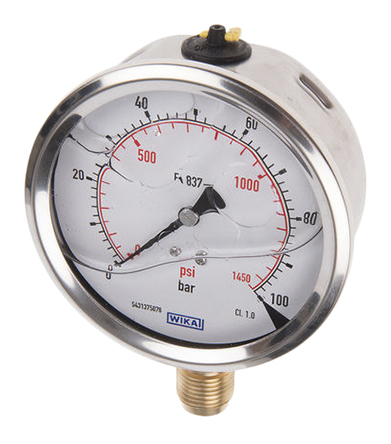 WIKA Analogue Pressure Gauge 100bar Bottom Entry 100mm Outside Diameter, UKAS