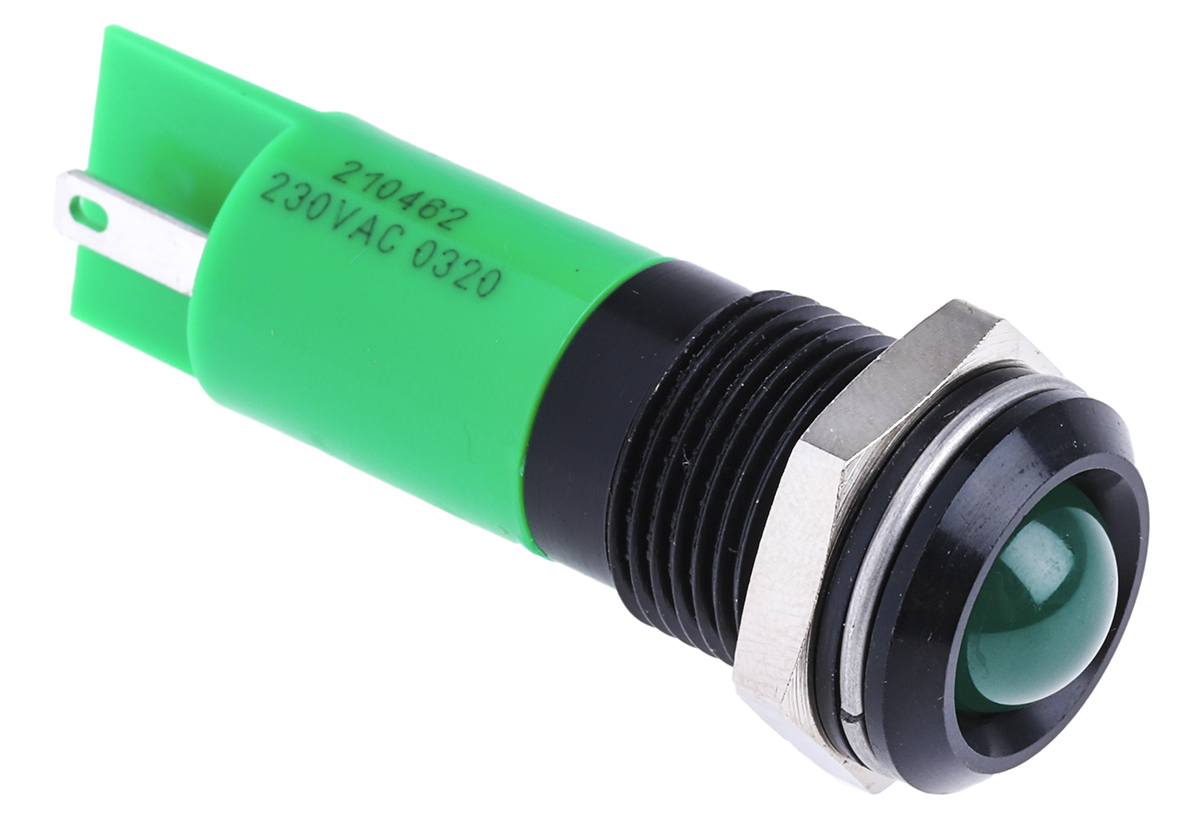 RS PRO Green Panel Mount Indicator, 230V ac, 14mm Mounting Hole Size, IP67