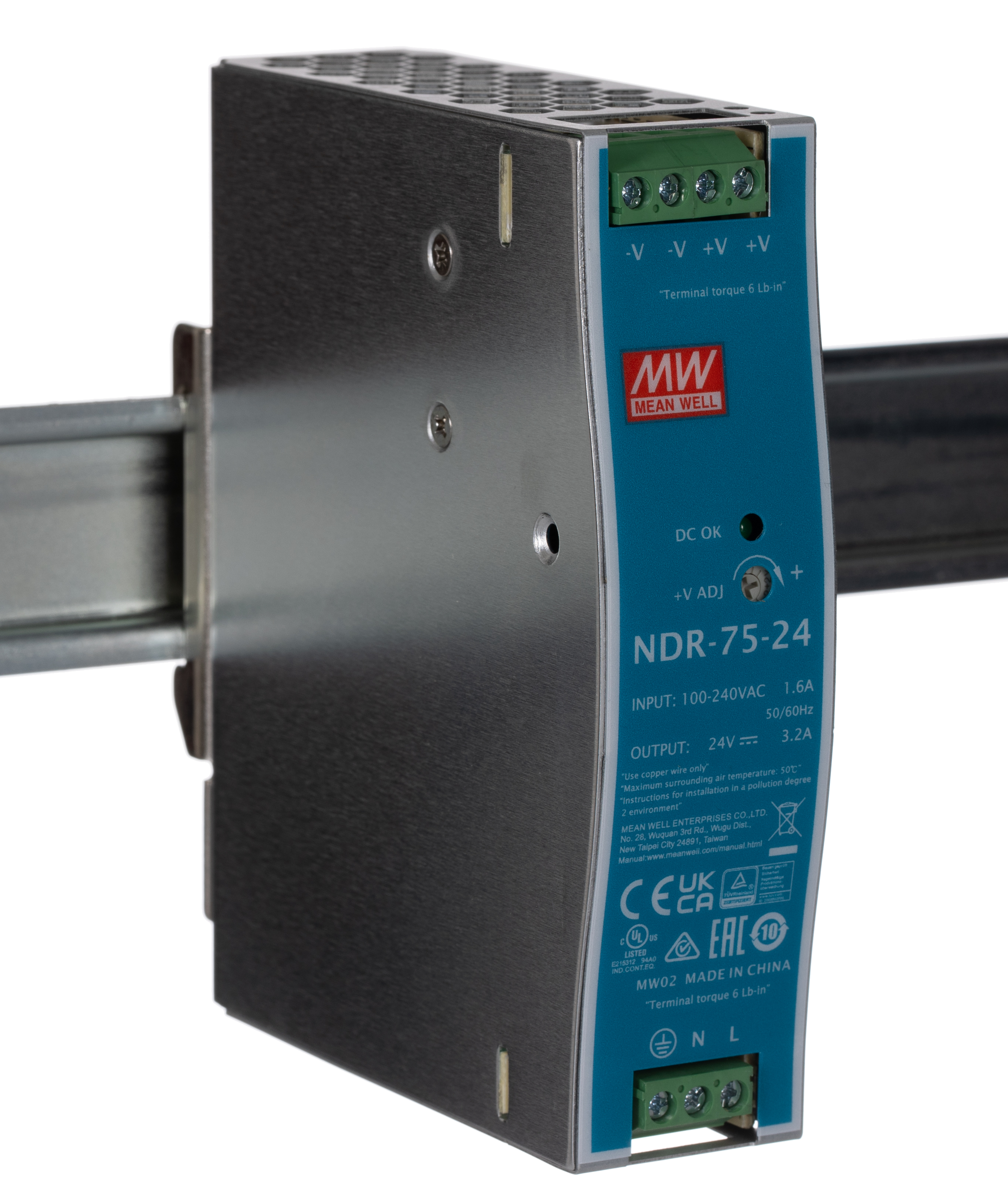 MEAN WELL NDR Switched Mode DIN Rail Power Supply, 90 → 264V ac ac Input, 24V dc dc Output, 3.2A Output, 75W