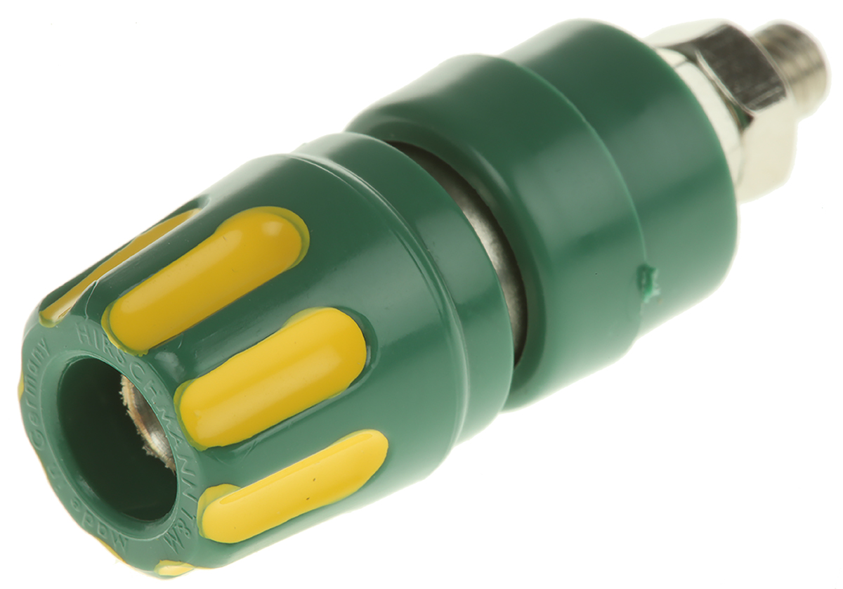Hirschmann Test & Measurement 35A, Green/Yellow 27 mm Test Terminal With Brass Contacts and Nickel Plated - 8mm Hole