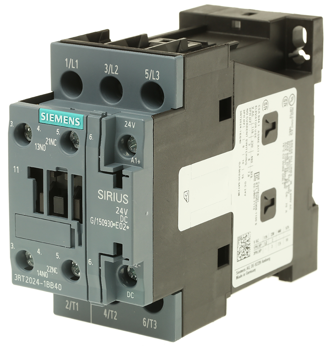 Siemens SIRIUS 3RT Size S0, 3RT2 Contactor, 24 V dc Coil, 3-Pole, 12 A, 5.5 kW, 3NO, 400 V ac