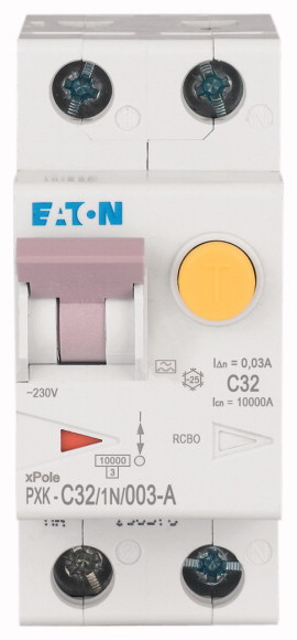 Eaton RCBO, 32A Current Rating, 1P+N Poles, 30mA Trip Sensitivity, Type A, Type C, PXK Range