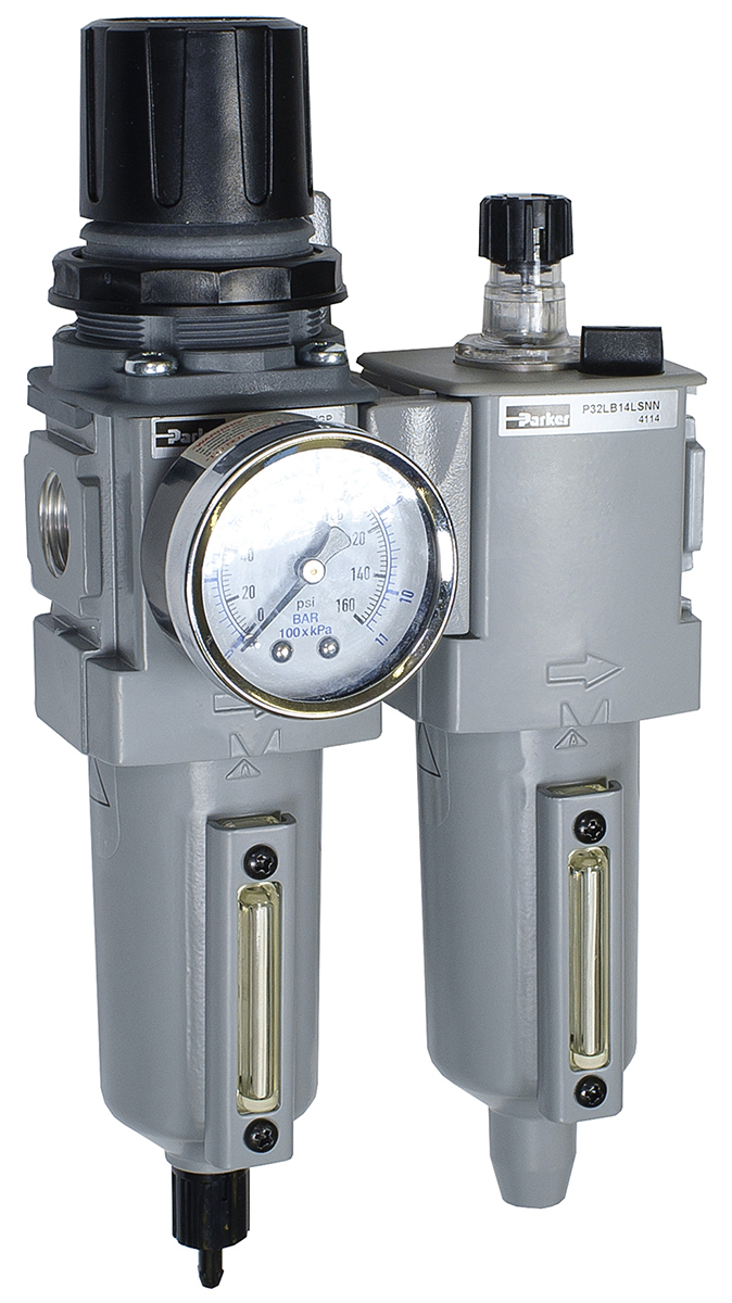 Parker G 1/2 FRL, Automatic Drain, 5μ Filtration Size - With Pressure Gauge