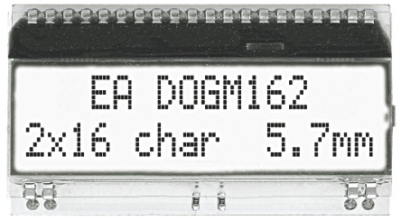 Display Visions EA DOGM162W-A Alphanumeric LCD Display, White on Black, 2 Rows by 16 Characters, Transflective