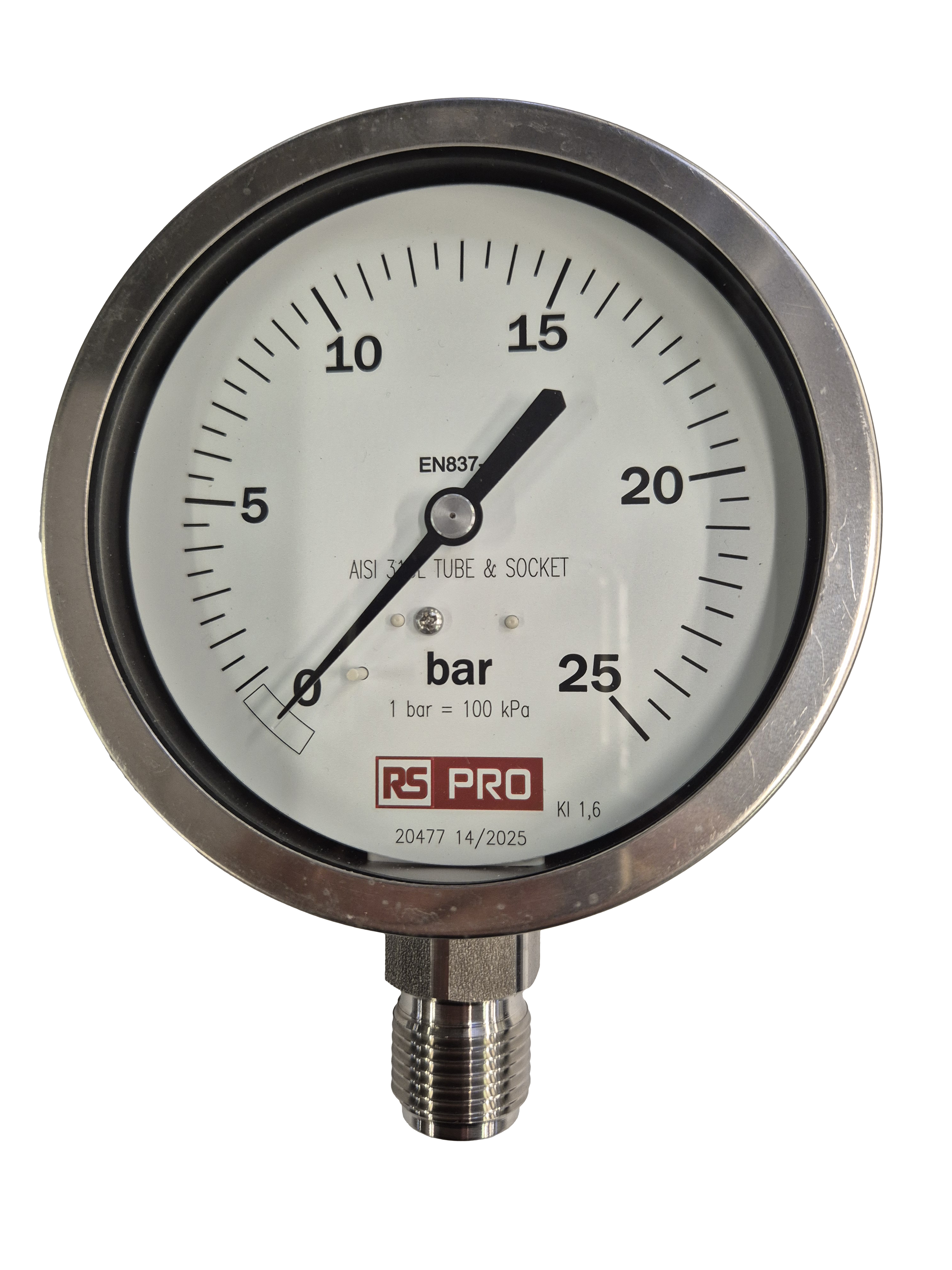RS PRO BSP 1/2in Analogue Pressure Gauge 25bar Bottom Entry 100mm Outside Diameter