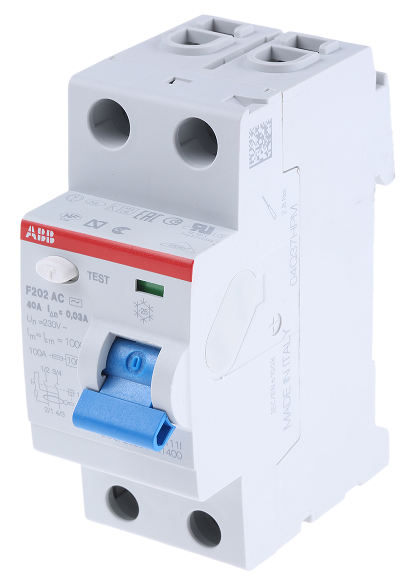 ABB F200 RCCB, 40A, 2 Pole, 30mA, Type AC, 230V ac
