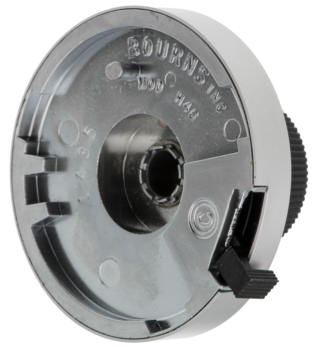 Bourns 46mm Black, Chrome Potentiometer Knob for 6.35mm Shaft Splined, H-46-6A-1