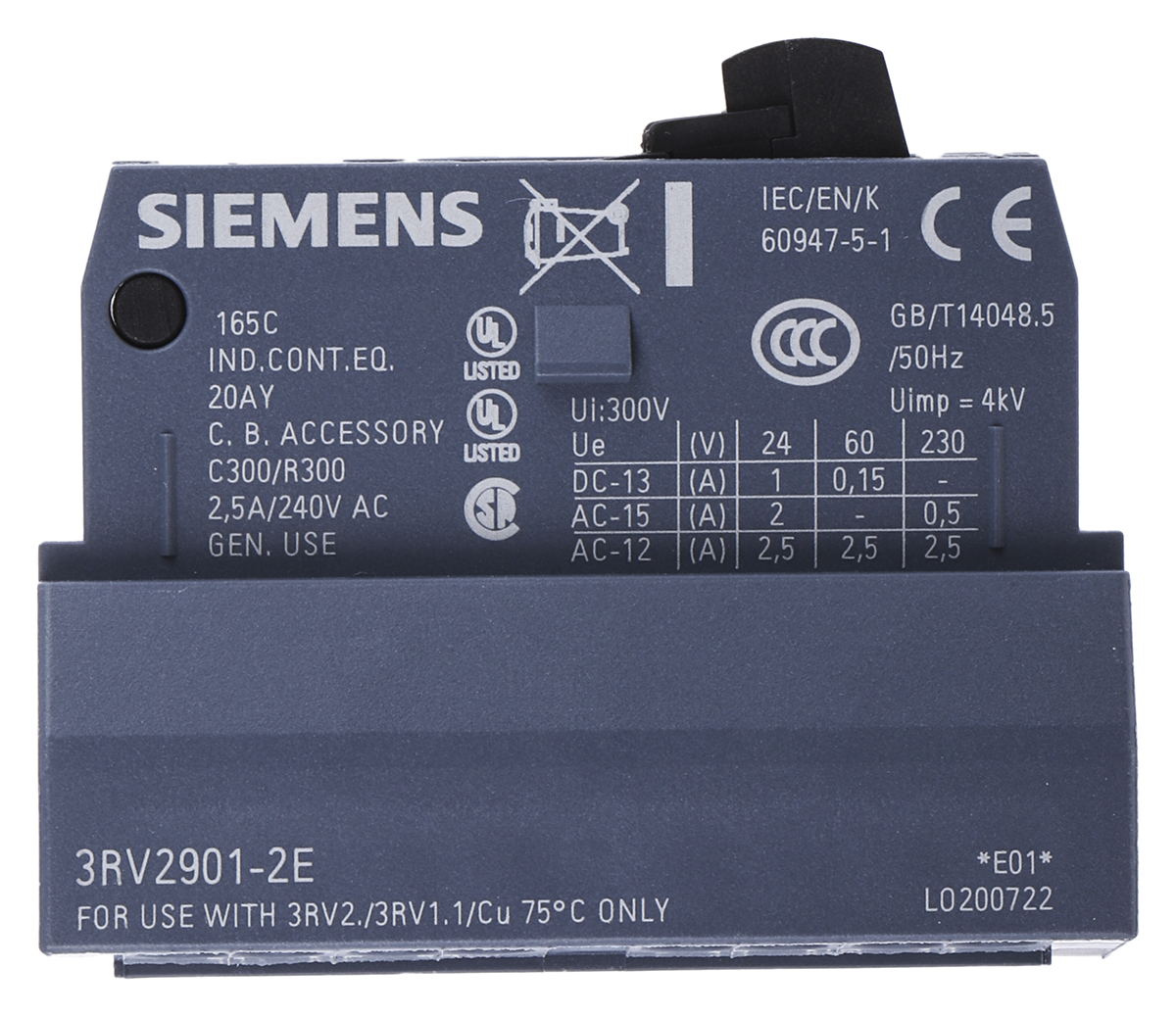 Siemens Auxiliary Contact, 2 Contact, 1NC + 1NO, Plug In, SIRIUS