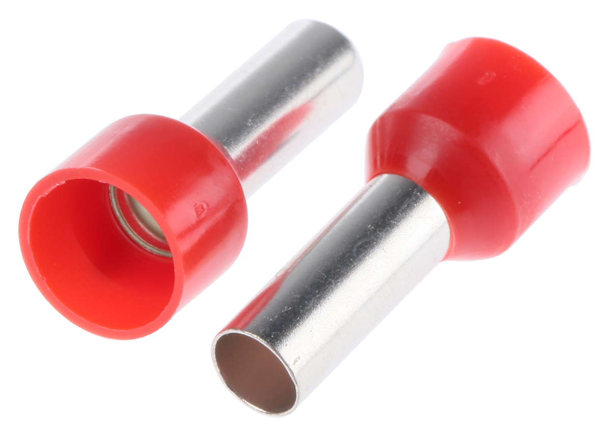 RS PRO Insulated Crimp Bootlace Ferrule, 12mm Pin Length, 4.5mm Pin Diameter, 10mm² Wire Size, Red