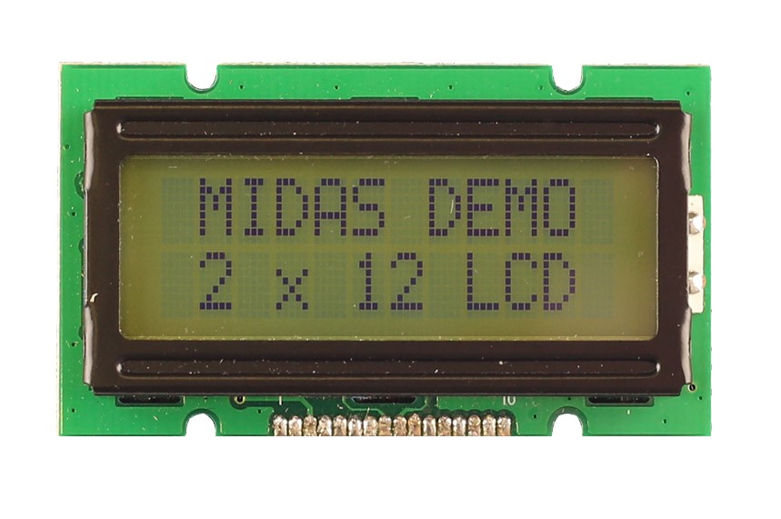 Midas MC21205A6W1-SPR Alphanumeric LCD Display, Black on Yellow/Green, 2 Rows by 12 Characters, Reflective