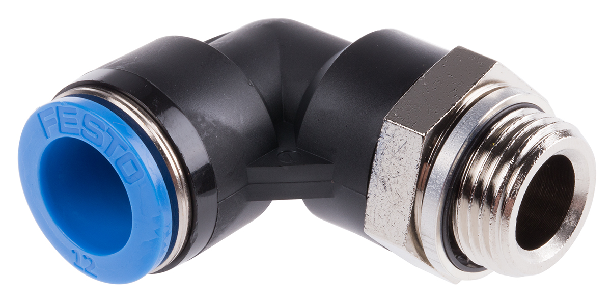 Festo QS Series Elbow Threaded Adaptor, G 3/8 Male to Push In 12 mm, Threaded-to-Tube Connection Style, 186124