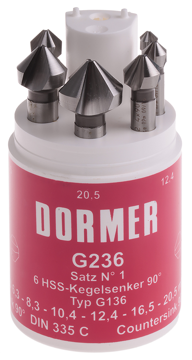 Dormer HSS Countersink Drill Bit Set, 6.3 - 20.5mm Head, 3 Flute(s), 90°, 6 Piece(s)