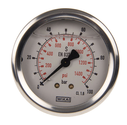 WIKA G 1/4 Analogue Pressure Gauge 100bar Back Entry 63mm Outside Diameter, UKAS