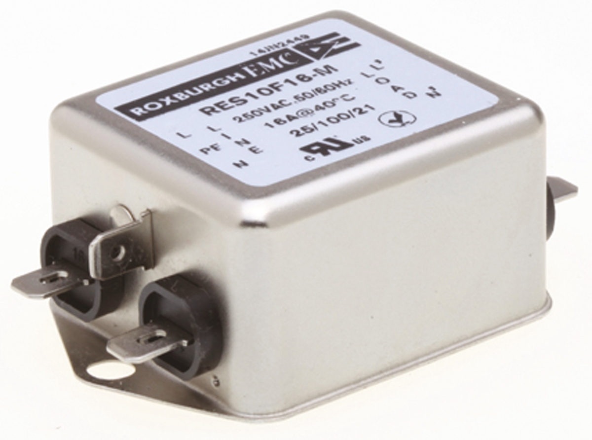 Roxburgh EMC, RES10 16A 250 V ac DC → 400Hz, Chassis Mount RFI Filter, Fast-On, Single Phase