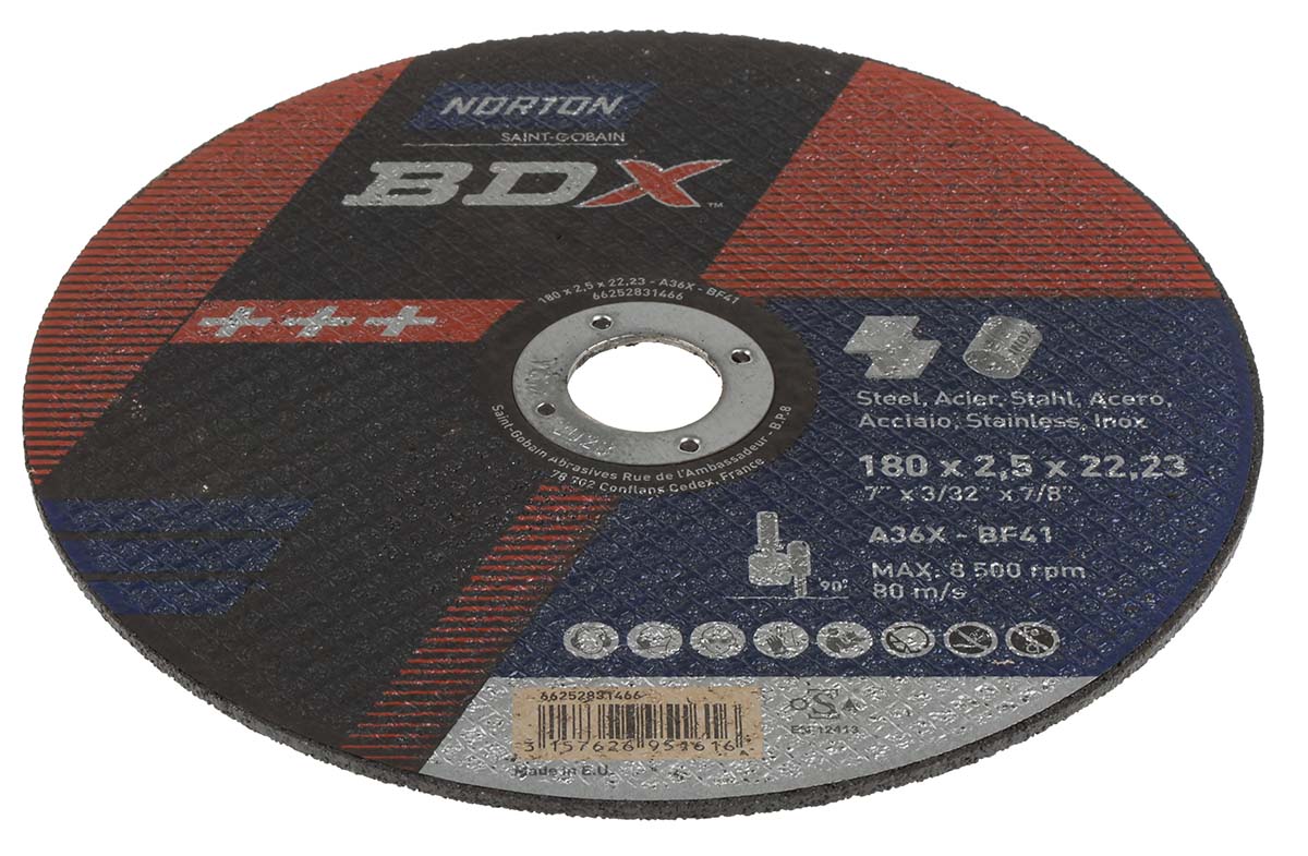 Norton Cutting Disc Aluminium Oxide Cutting Disc, 180mm x 2.5mm Thick, P36 Grit, 5 in pack