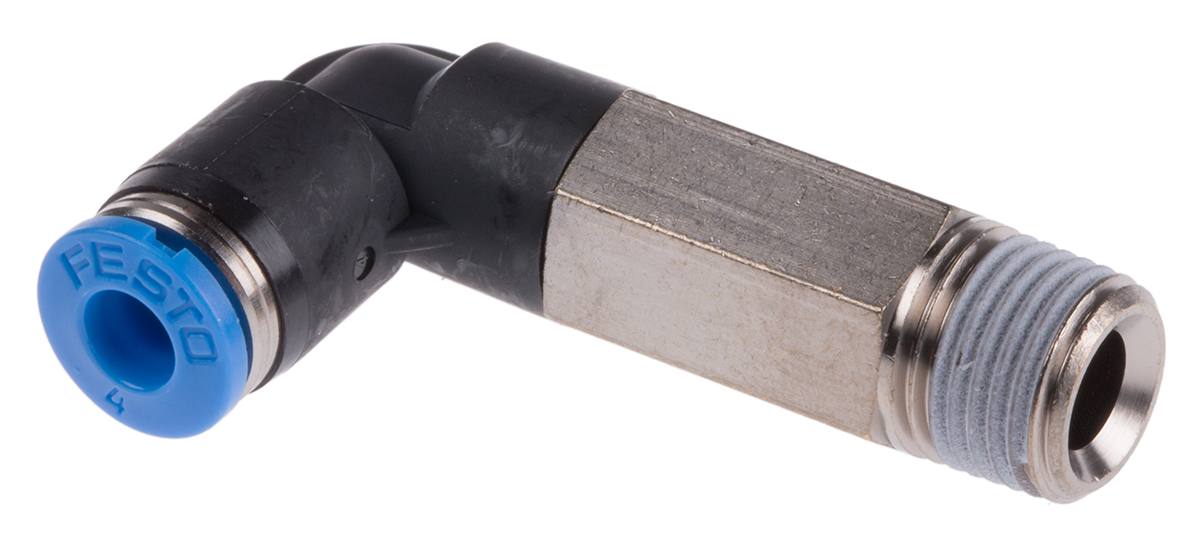 Festo QS Series Elbow Threaded Adaptor, R 1/8 Male to Push In 4 mm, Threaded-to-Tube Connection Style, 153076