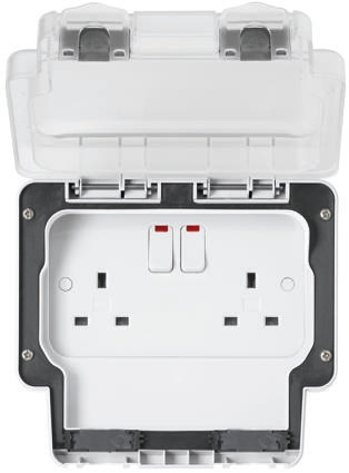 MK Electric White 2 Gang Plug Socket, 2 Poles, 13A, Type G - British, Outdoor Use