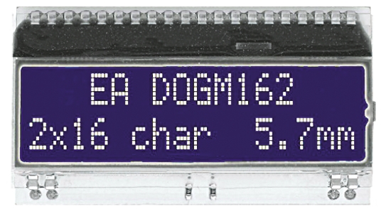 Display Visions EA DOGM162B-A Alphanumeric LCD Display, White, Yellow-Green on Blue, 2 Rows by 16 Characters,