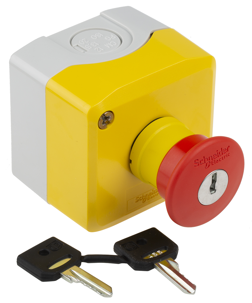 Schneider Electric, Red/Yellow/Grey, Key Reset 40mm Mushroom Head Emergency Button