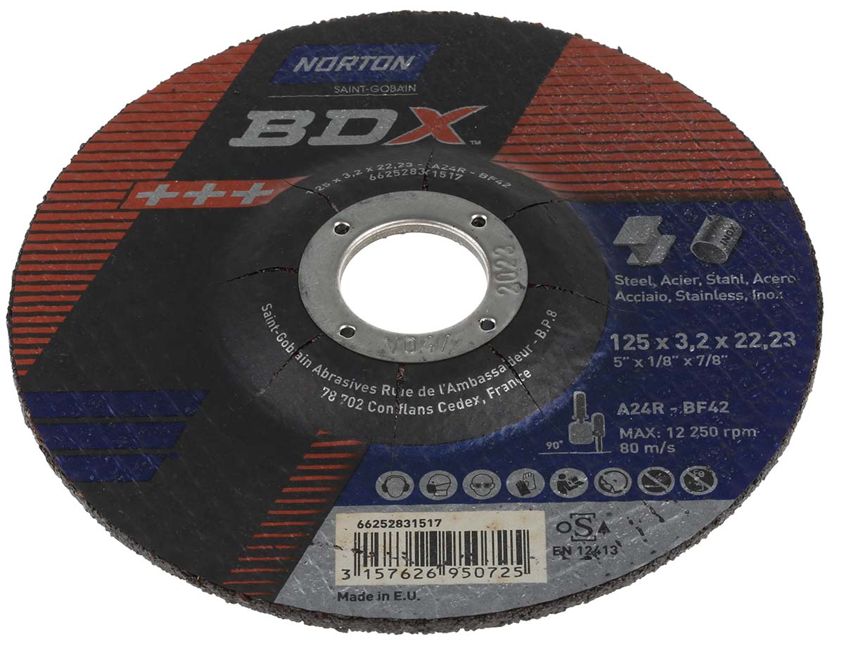Norton Cutting Disc Aluminium Oxide Cutting Disc, 125mm x 3.2mm Thick, P24 Grit, 5 in pack