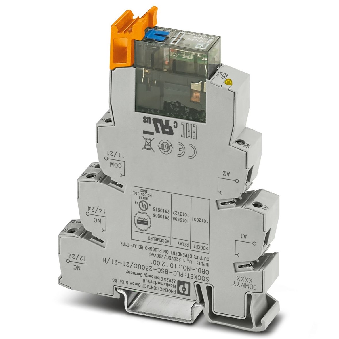 Phoenix Contact PLC-RSC-230UC/21-21/MS Series Interface Relay, DIN Rail Mount, 220 V dc, 230V ac Coil, DPDT, 2-Pole