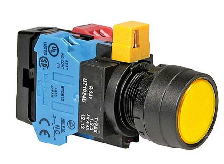 Idec HW Series Series Illuminated Push Button, Momentary, Panel Mount, 22.3mm Cutout, SPST, Yellow LED, 24V ac/dc,