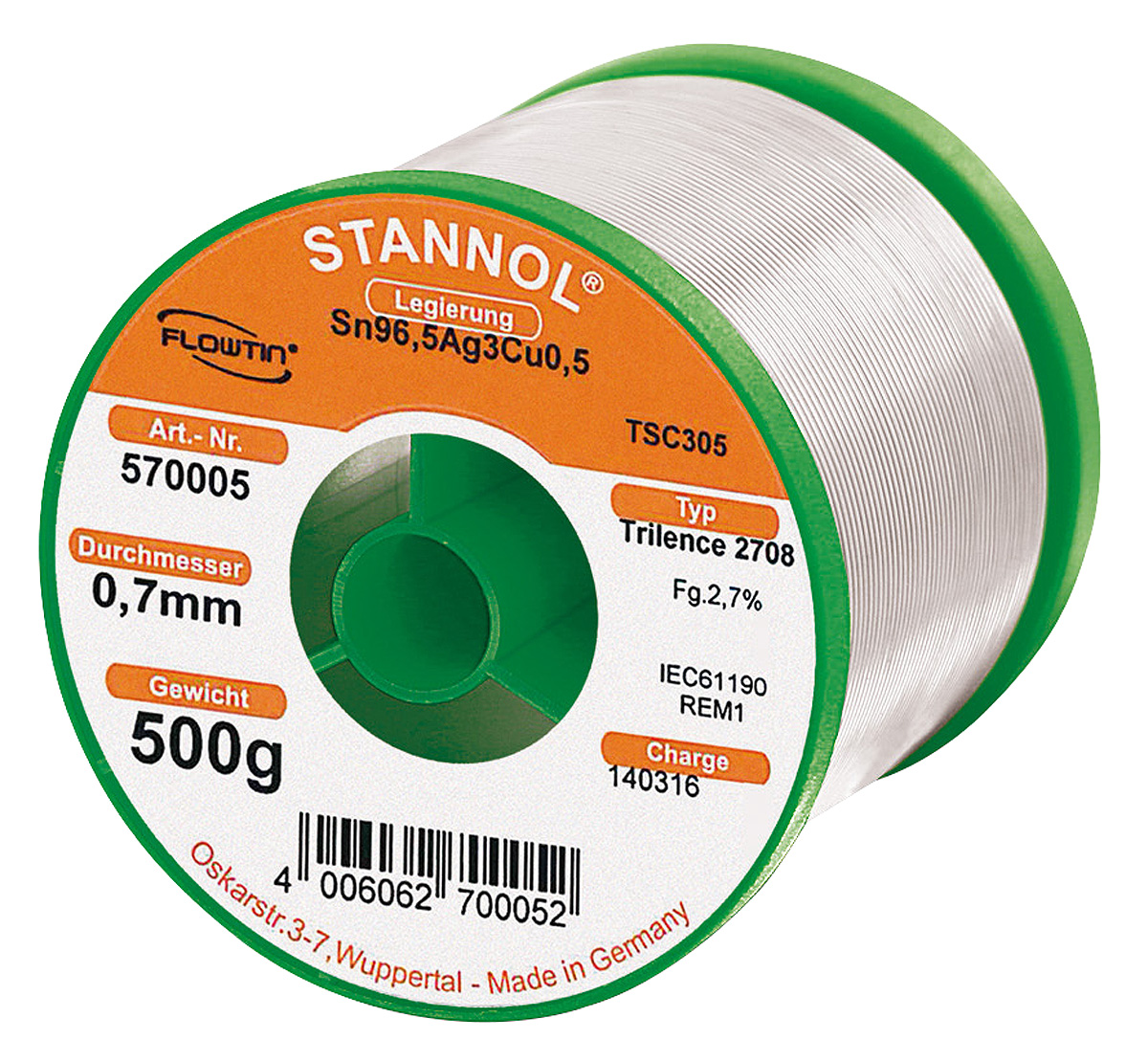 Stannol Wire, 0.7mm Lead Free Solder, 217°C Melting Point