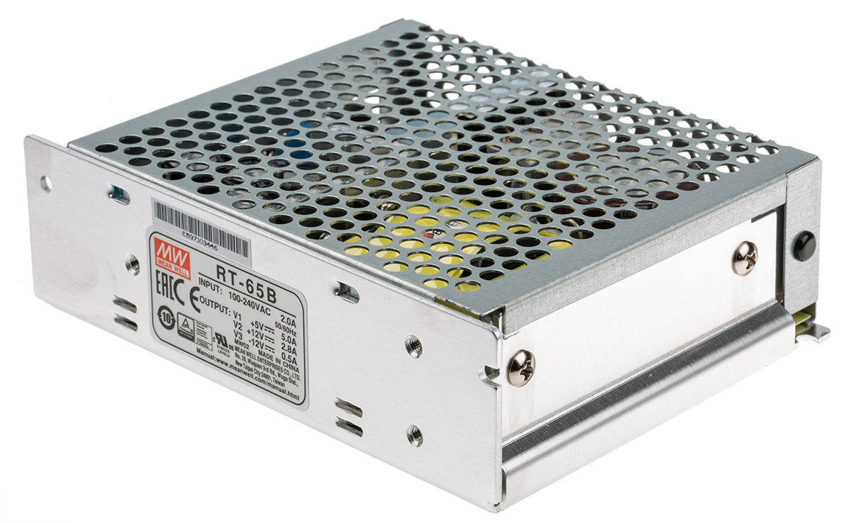 MEAN WELL Switching Power Supply, RT-65B, 5 V dc, ±12 V dc, 2.8 A, 5 A, 500 mA, 64.6W, Triple Output, 125 → 373
