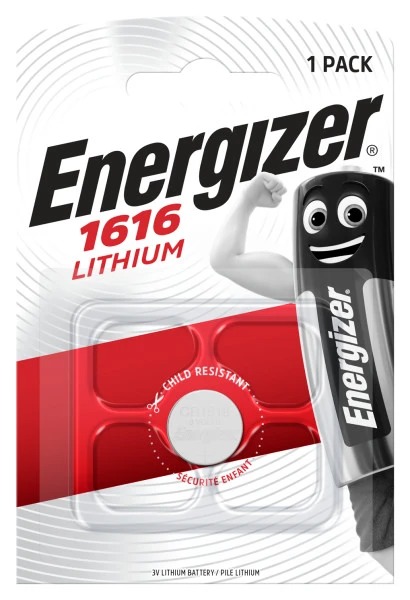 Energizer CR1616 Button Battery, 3V, 16mm Diameter, Single