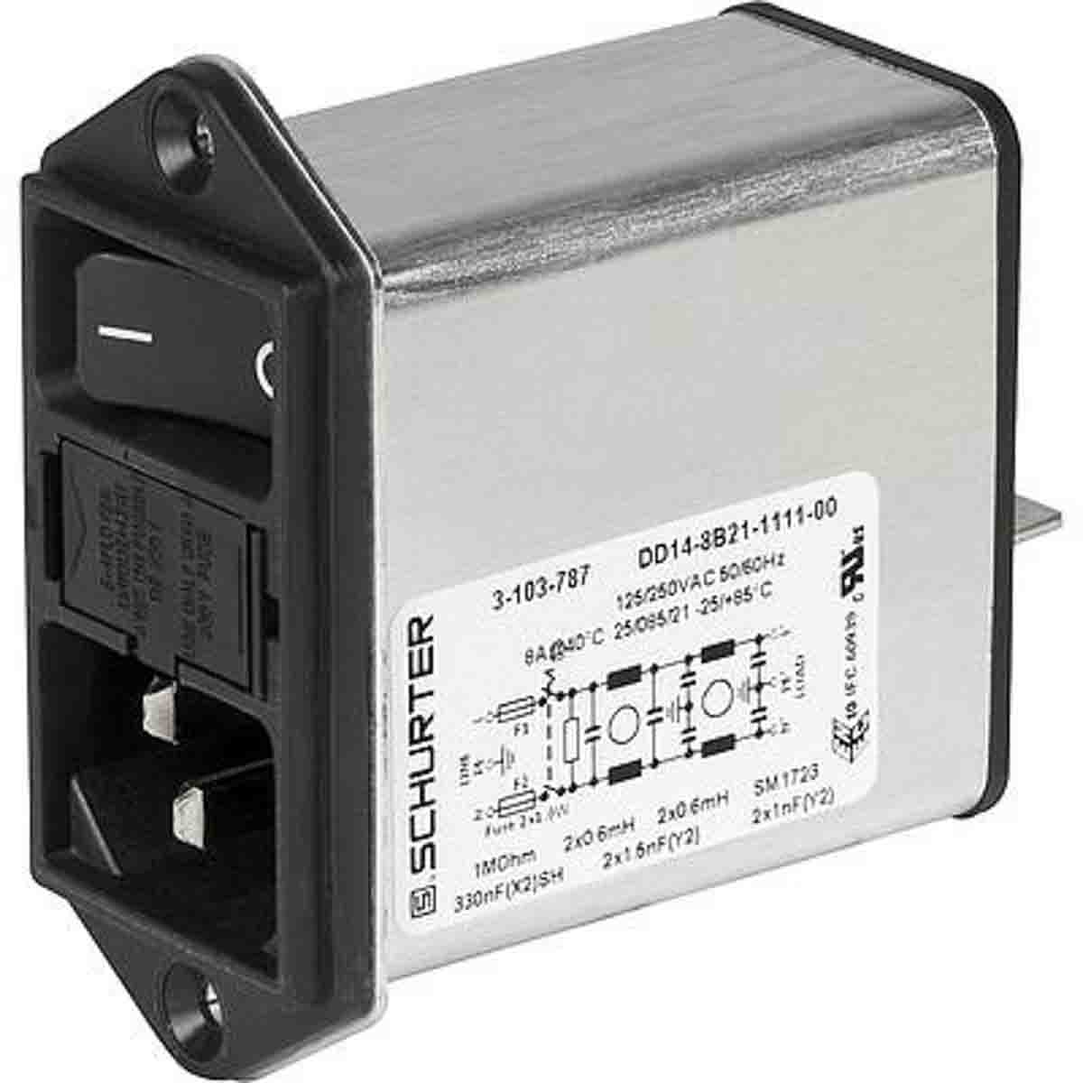Schurter 2A, 250 V ac Screw Mount Filtered IEC Connector 3-104-203