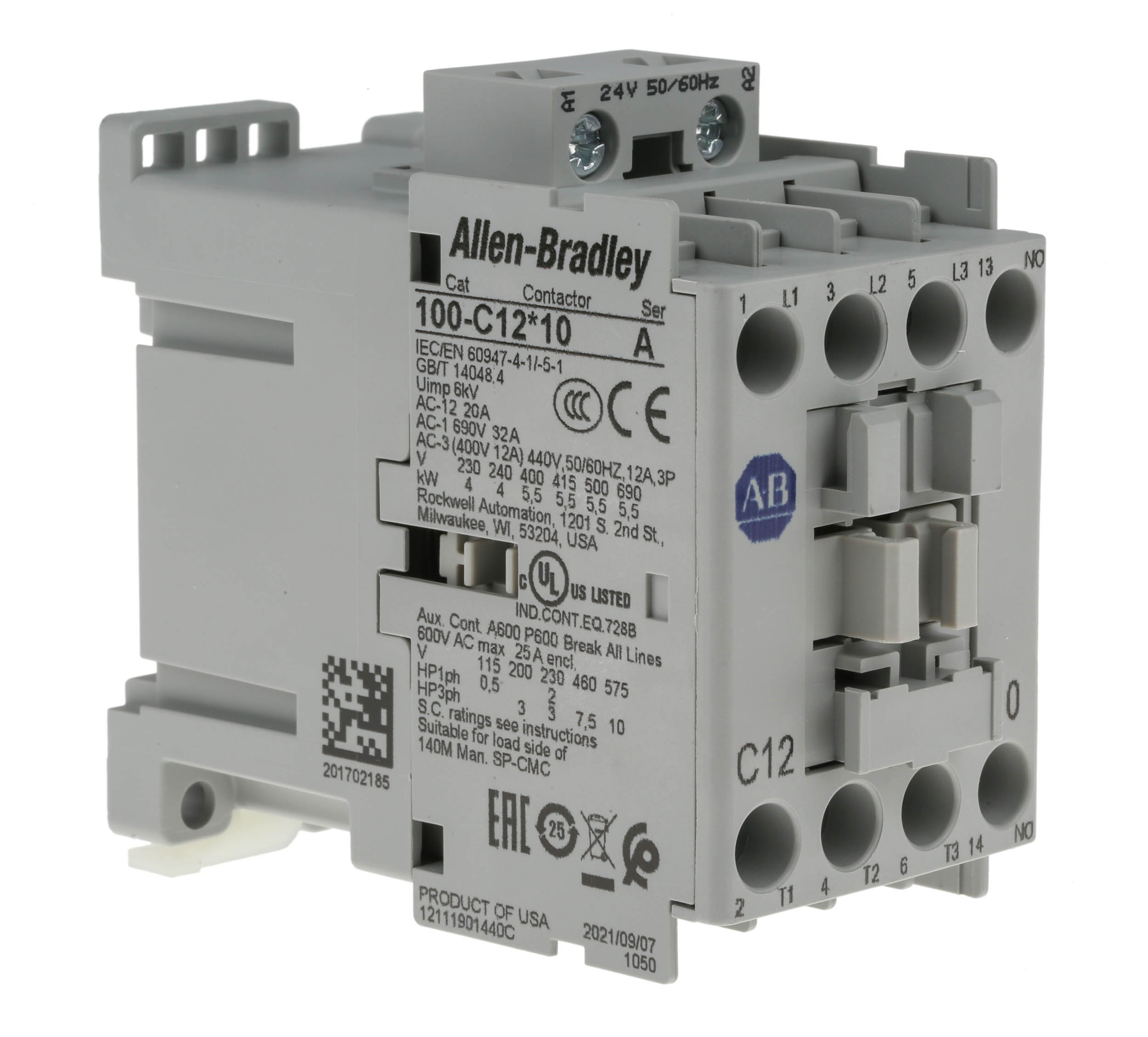 Allen Bradley 100 Series 100C Contactor, 24 V ac Coil, 3-Pole, 12 A, 5.5 kW, 3NO, 690 V ac