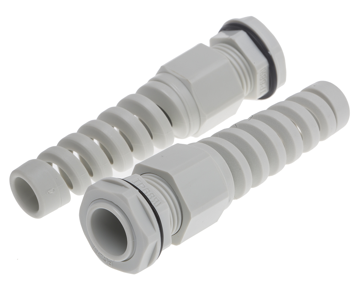 RS PRO Grey Nylon Cable Gland, PG11 Thread, 5mm min., 10mm max., IP68