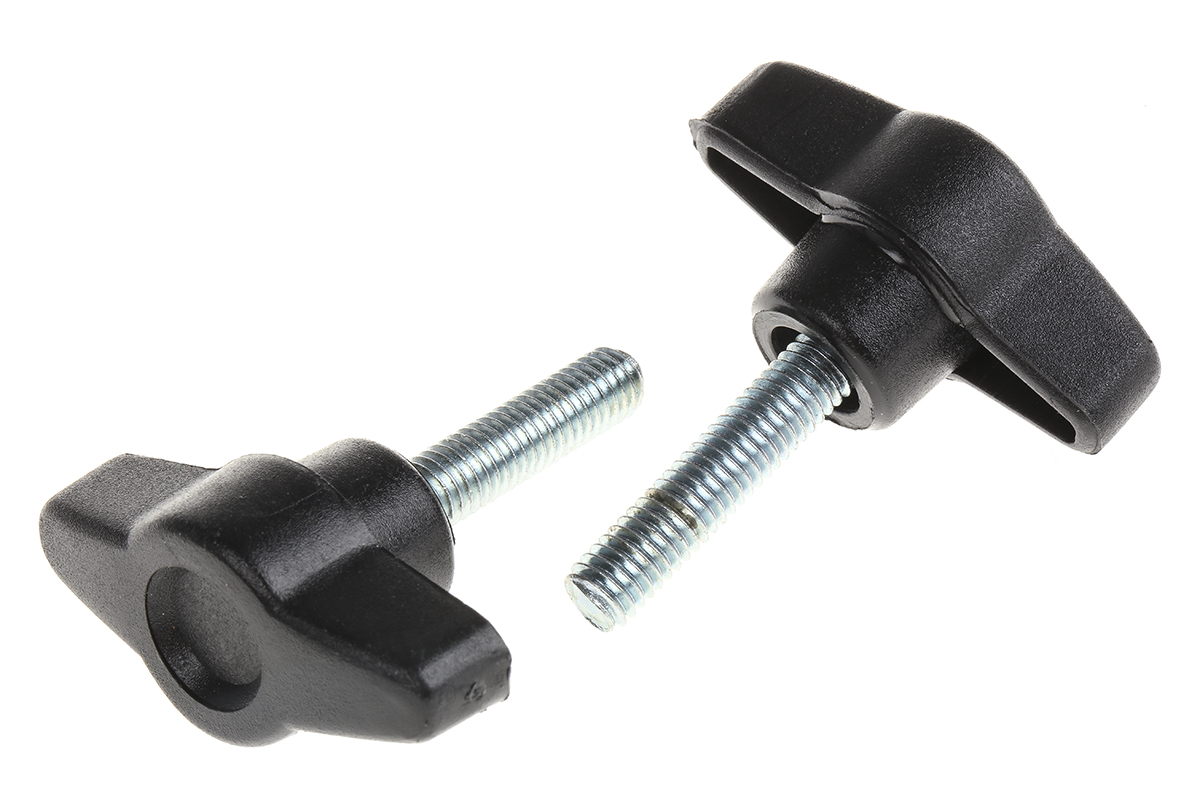 RS PRO Black Wing Clamping Knob, M6, Threaded Stud