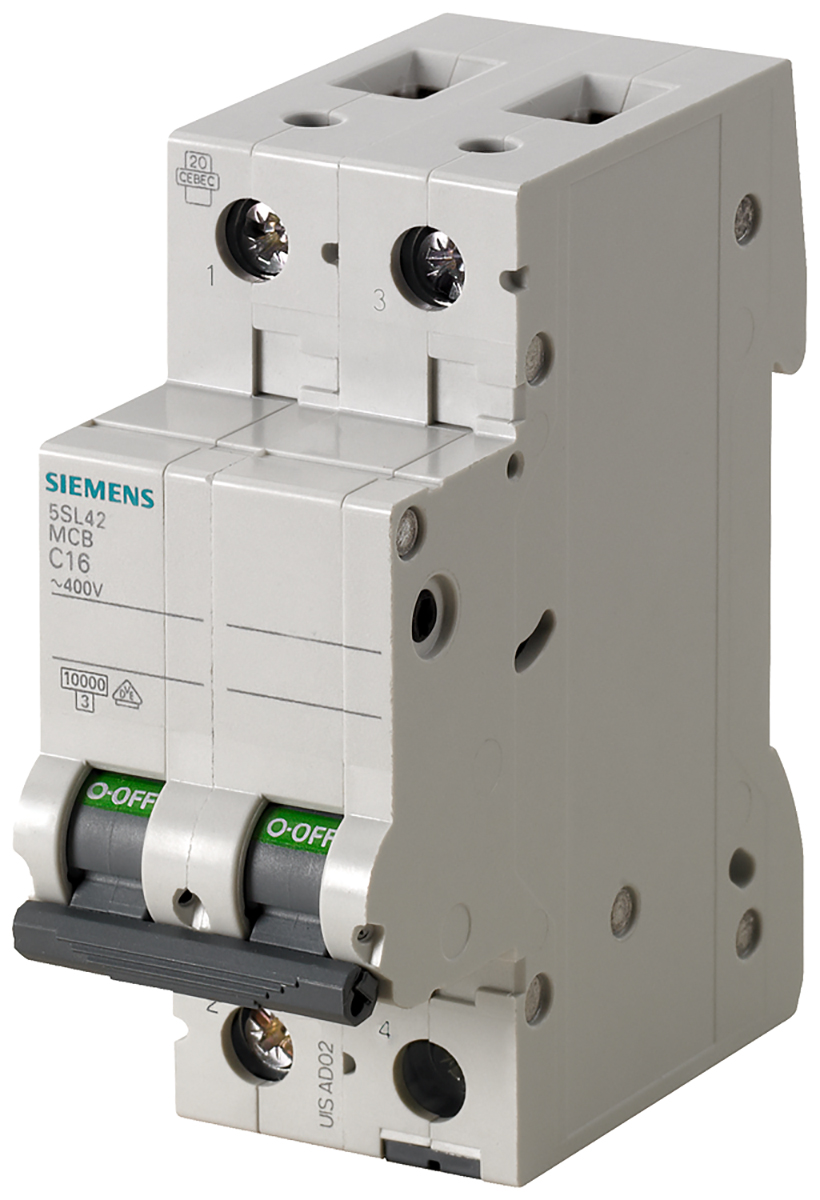 Siemens Sentron 5SL4 MCB, 2P, 1A Curve D, 400V AC, 60V DC, 14 kA Breaking Capacity