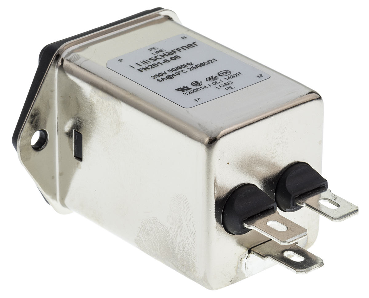 Schaffner 6A, 250 V ac Male Panel Mount IEC Filter FN261-6-06, Faston 1 Fuse