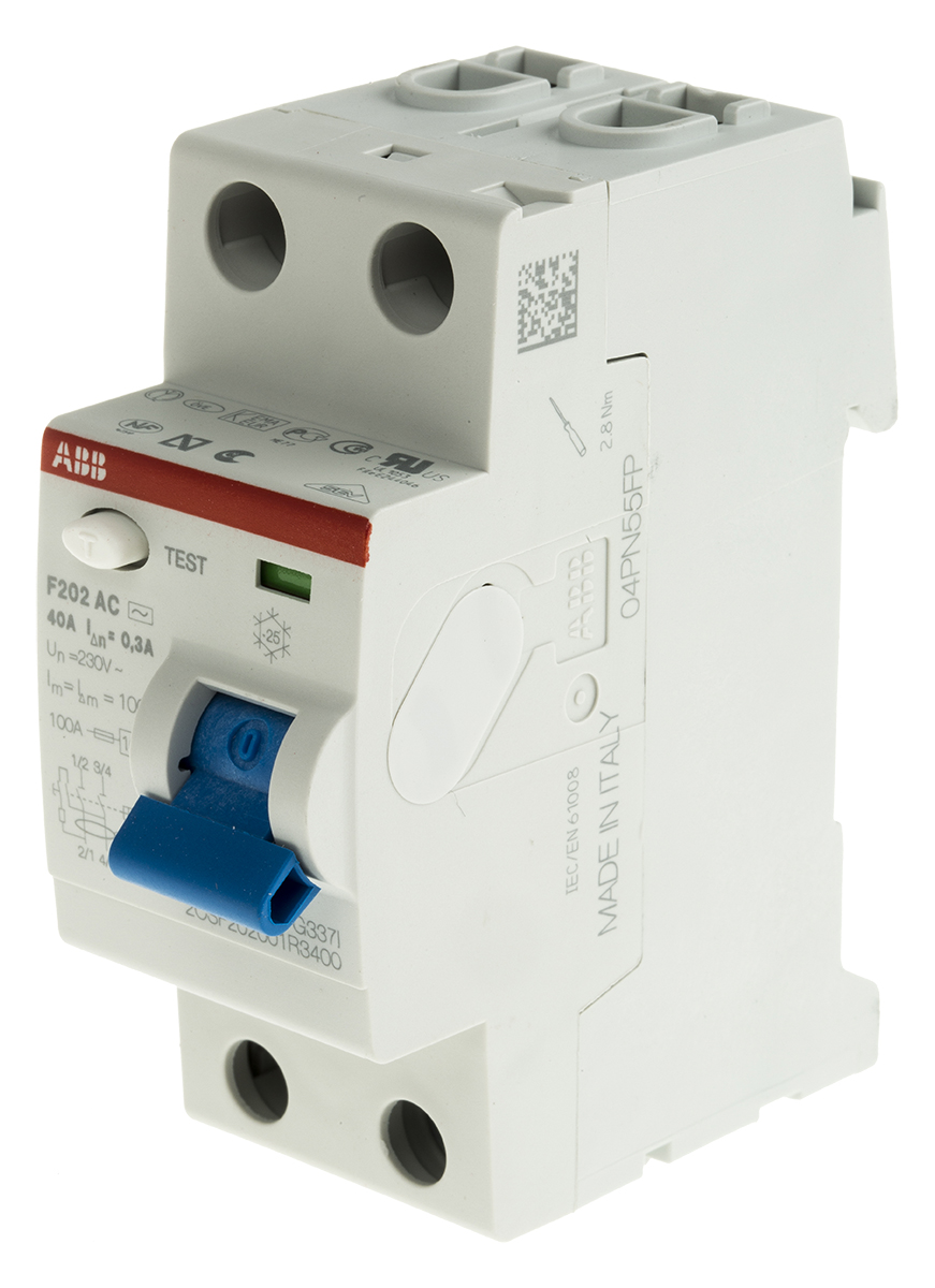 ABB F200 RCCB, 40A, 2 Pole, 300mA, Type AC