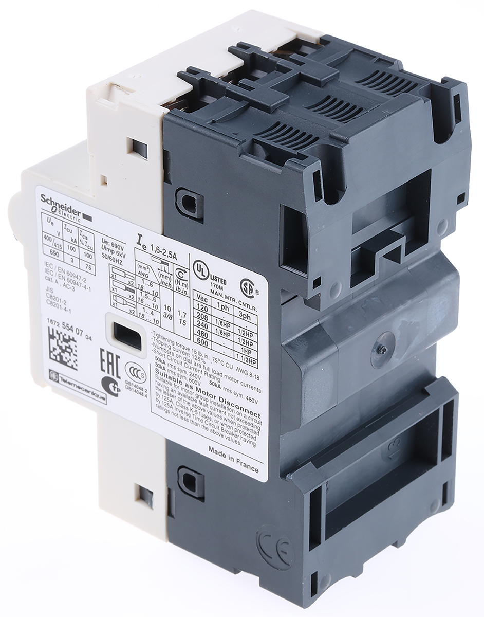 Schneider Electric TeSys 690 V Motor Protection Circuit Breaker, 3P Channels, 1.6 → 2.5 A