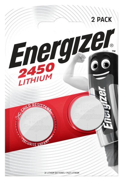 Energizer CR2450 Button Batteries, 3V, 22mm Diameter, 2 Pack