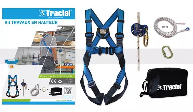 Tractel with The kit includes a HT22 safety harness, a Stopfor fall arrester on a flexible anchor line, a 10 m rope, a