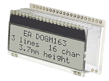 Display Visions EA DOGM163W-A Alphanumeric LCD Display, White on Black, 3 Rows by 16 Characters, Transflective