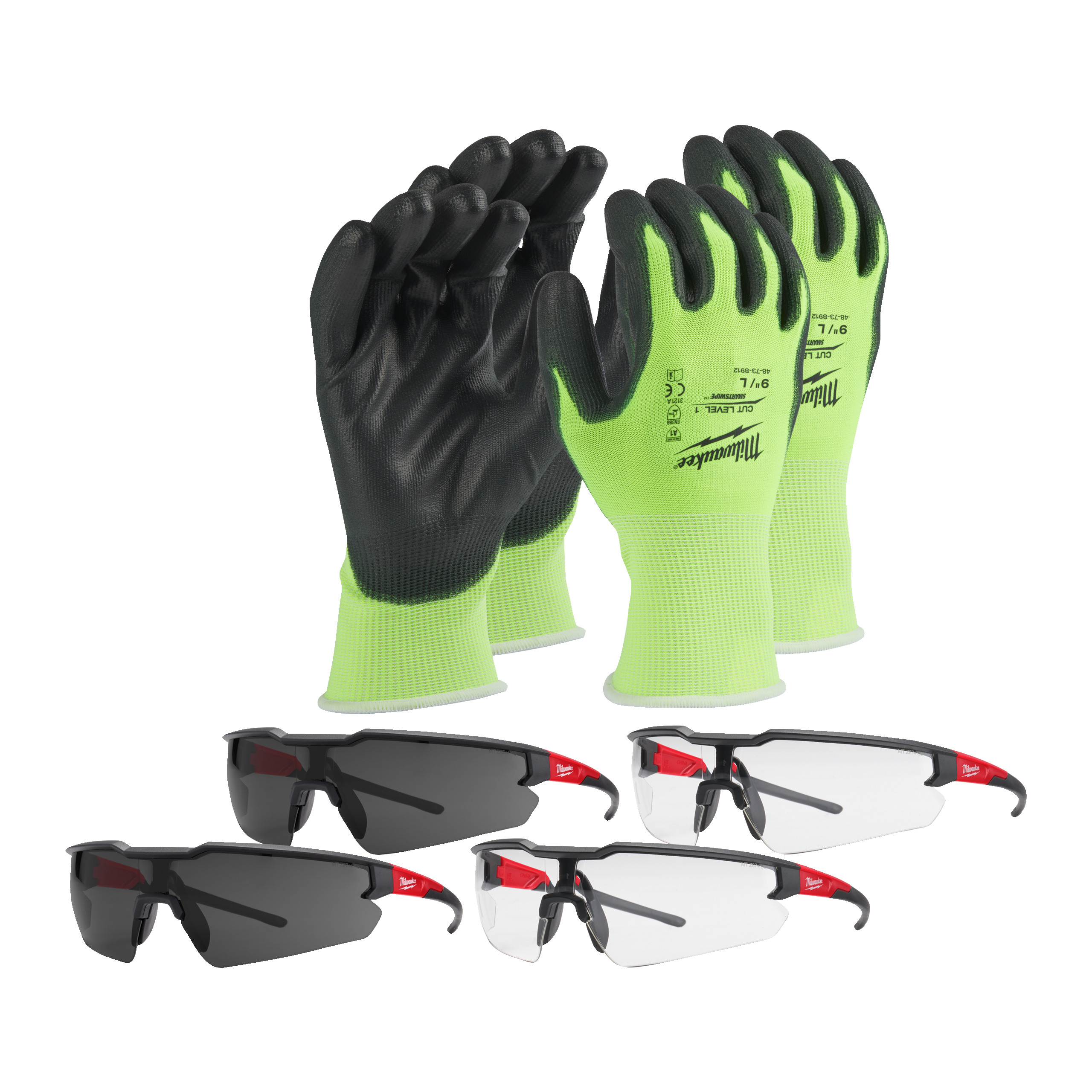 Milwaukee General Personal Protection Kit Containing Clear Safety Glasses, HI VIS Gloves, Tinted Safety Glasses