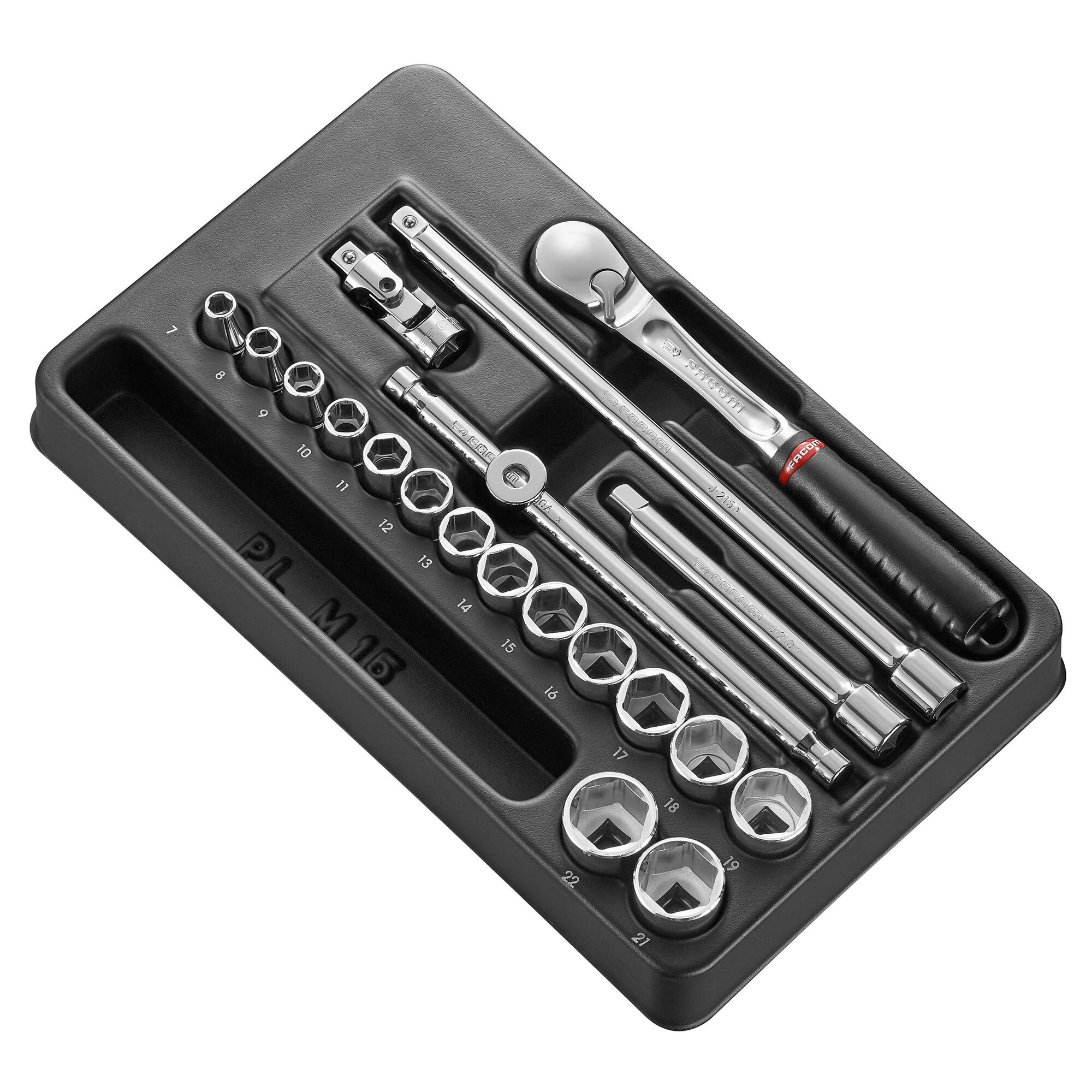 Facom 20-Piece Metric 3/8 in Standard Socket Set with Ratchet, 6 point
