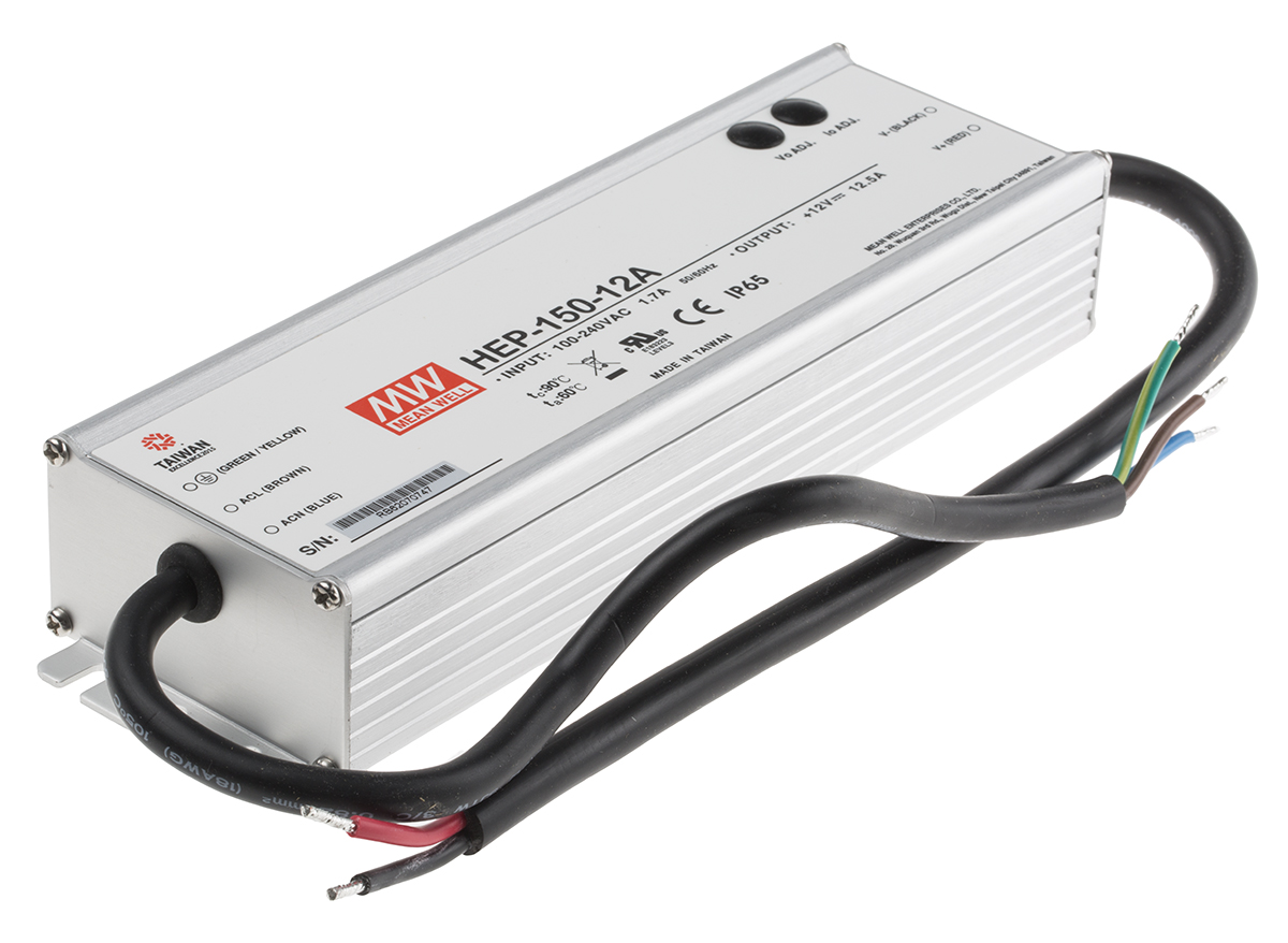 MEAN WELL Switching Power Supply, HEP-150-12A, 12V dc, 12.5A, 150W, 1 Output, 127 → 431 V dc, 90 → 305 V