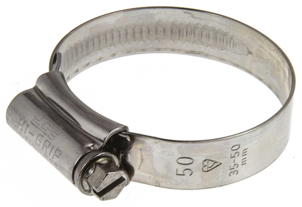 HI-GRIP Stainless Steel Slotted Hex Worm Drive, 13mm Band Width, 35 → 50mm ID