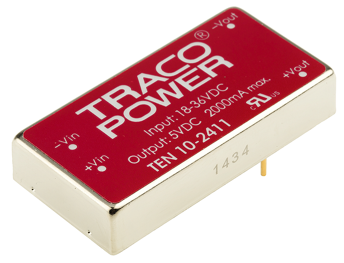TRACOPOWER TEN 10 DC-DC Converter, 5V dc/ 2A Output, 18 → 36 V dc Input, 10W, Through Hole, +85°C Max Temp -40°C