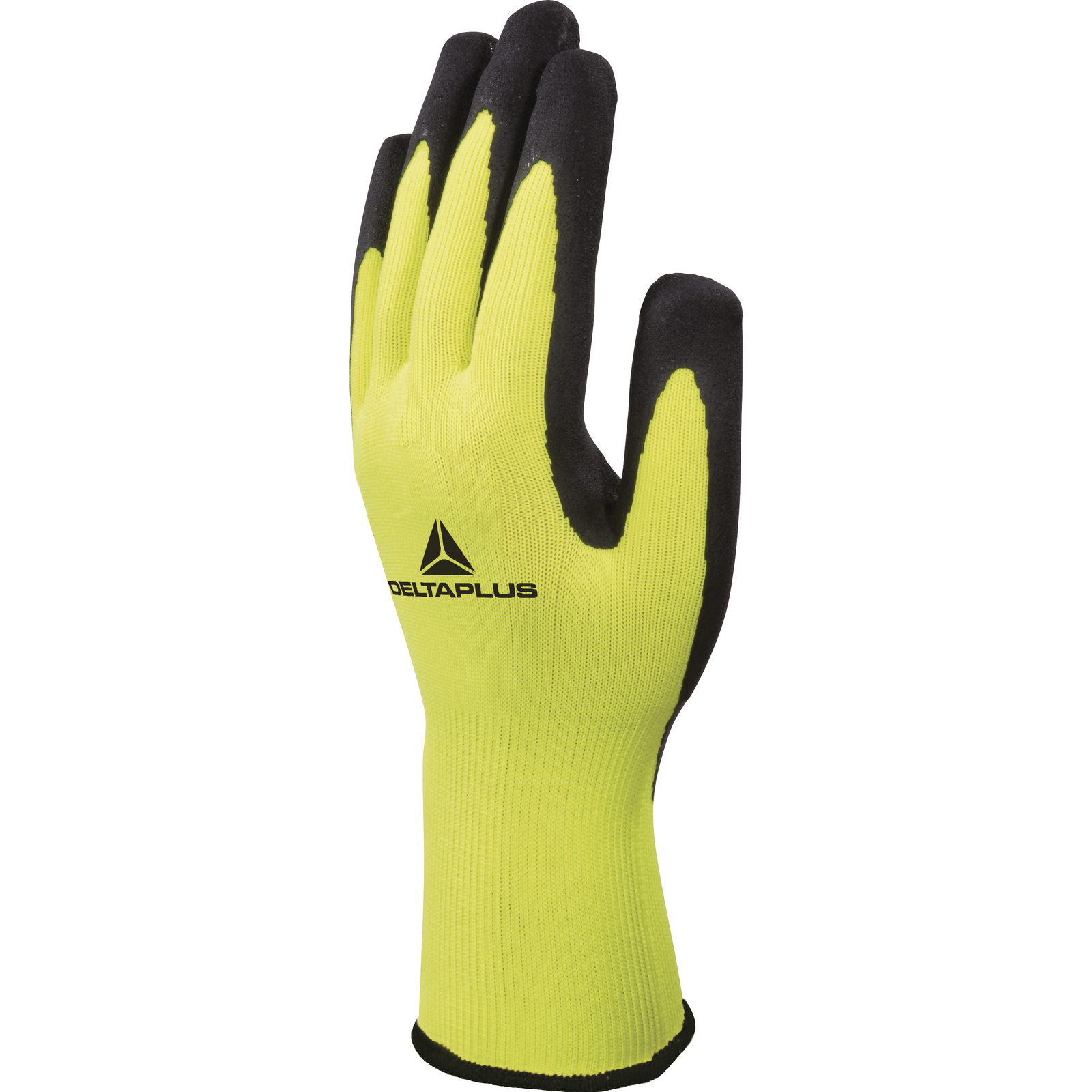 Delta Plus APOLLON VV733 Black, Fluorescent Yellow Polyester Polyester Work Gloves, Size 8, Latex Coating