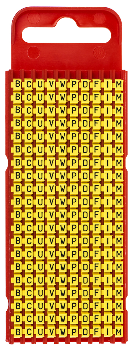 HellermannTyton WIC1 Snap On Cable Markers, Yellow, Pre-printed "B; C; D; F; I; M; P; U; V; W", 2 → 2.8mm Cable,